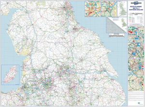 Map Marketing Wall Road Map 4 Miles to 1 inch Scale W1240xH950mm Northern England Ref RRM4