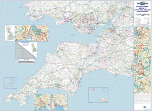 Map Marketing Wall Road Map 4 Miles to 1 inch Scale W1240xH950mm SW England and S Wales Ref RRM7