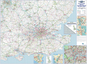 Map Marketing Wall Road Map 4 Miles to 1 inch Scale W1240xH950mm SE England and London Ref RRM8