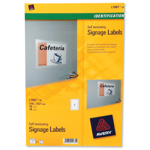 Avery Signage Labels Laser Self-laminating 1 per Sheet 170x257mm Ref L7087-10 [10 Labels]