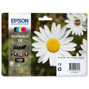 Epson 18 Inkjet Cartidges Capacity 15.1ml Total Black/Cyan/Magenta/Yellow Ref C13T18064010 [Pack 4] Ident: 698A