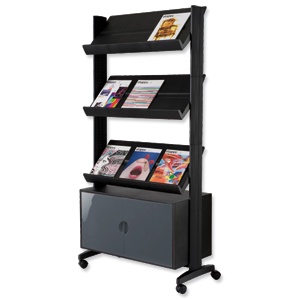 Literature Display Mobile with Three Shelves and Cupboard Black