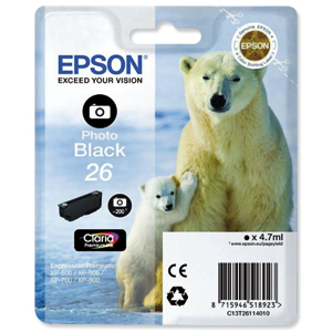 Epson T2611 26 Inkjet Cartridge Polar Bear Capacity 4.7ml Photo Black Ref C13T26114010 Ident: 802G