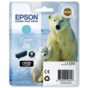 Epson T2612 26 Inkjet Cartridge Polar Bear Capacity 4.5ml Cyan Ref C13T26124010 Ident: 802G