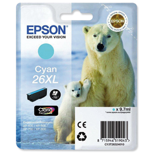 Epson 26XL Inkjet Cartridge Polar Bear Capacity 9.7ml Cyan Ref C13T26324010 Ident: 802H