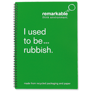 Remarkable Recycled Packaging Notepad Wirebound 80gsm Ruled 100pp A4 Green [Pack 5]