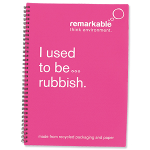 Remarkable Recycled Packaging Notepad Wirebound 80gsm Ruled 100pp A4 Pink [Pack 5]