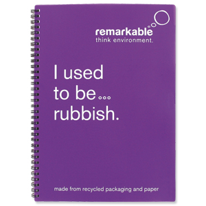 Remarkable Recycled Packaging Notepad Wirebound 80gsm Ruled 100pp A4 Purple [Pack 5]