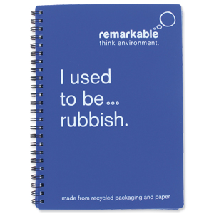 Remarkable Recycled Packaging Notepad Wirebound 80gsm Ruled 100pp A5 Blue [Pack 5]