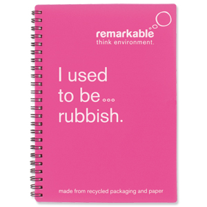Remarkable Recycled Packaging Notepad Wirebound 80gsm Ruled 100pp A5 Pink [Pack 5]