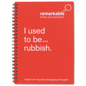 Remarkable Recycled Packaging Notepad Wirebound 80gsm Ruled 100pp A5 Red [Pack 5]