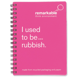 Remarkable Recycled Packaging Notepad Wirebound 80gsm Ruled 100pp A6 Pink [Pack 5]
