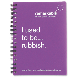 Remarkable Recycled Packaging Notepad Wirebound 80gsm Ruled 100pp A6 Purple [Pack 5]