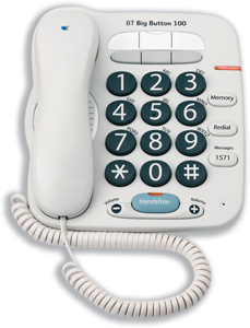 BT Big Button 100 Telephone Hands-free 3 One-touch 10 Two-touch Memories White Ref 019325