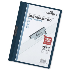 Durable Duraclip Folder PVC Clear Front 6mm Spine for 60 Sheets A4 Dark Blue Ref 2209/28 [Pack 25]