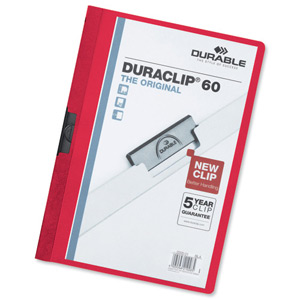 Durable Duraclip Folder PVC Clear Front 6mm Spine for 60 Sheets A4 Red Ref 2209/03 [Pack 25]