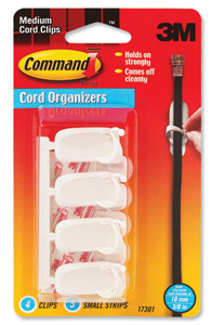 3M Medium Cord Clips with Command Strips for Cable Management Ref 17301 [Pack 4]