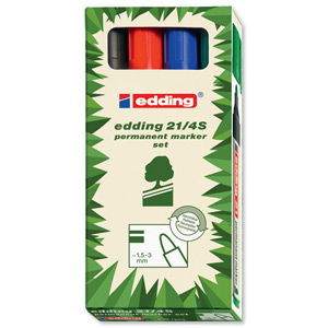 Edding 21 Ecoline Permanent Marker Recycled Low-odour Bullet Tip Assorted Ref 21/4S [Wallet 4]