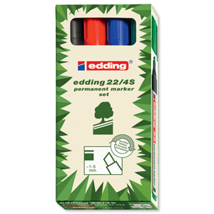 Edding 22 Ecoline Permanent Marker Recycled Low-odour Chisel Tip Assorted Ref 22/4S [Wallet 4]