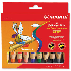 Stabilo Woody 3-in-1 Colouring Pencils Wax Crayons Watercolours Line 10mm Assorted Ref 880/10 [Pack 10]