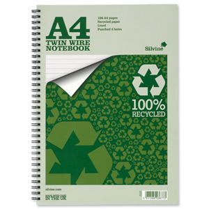 Silvine Everyday Notebook Recycled Wirebound Punched Ruled 104pp 70gsm A4 Ref TWRE80 [Pack 12]