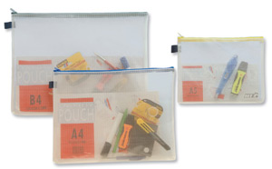 INDX Zip Pouch Reinforced Mesh-weave PVC Clear with Coloured Seal A4 Blue Ref ZPBLU [Pack 5]
