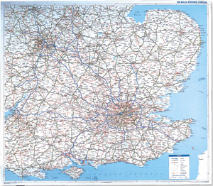 Map Marketing Primary Routes 100 Miles Around London Map Unframed 5 Miles/inch W1050x900mm Ref 100LON