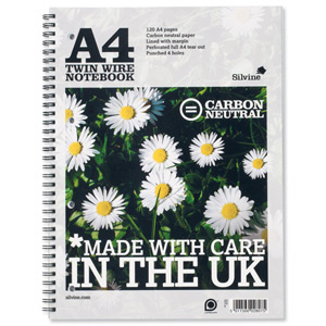 Silvine Notebook Carbon Neutral Perforated Twin Wire Punched 4 Holes 120 Pages A4 Ref R302 [Pack 5]