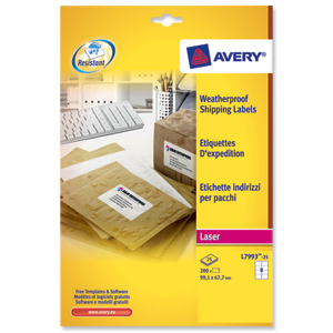 Avery Weatherproof Shipping Labels Laser 8 per Sheet 99.1x67.7mm Ref L7993-25 [200 Labels]