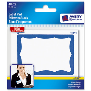 Avery Name Badge Label Pad Write-On Removable 85x59mm Blue Border Ref 45144 [40 Labels]
