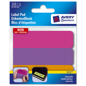 Avery Label Pad Removable 89x25mm Pink Purple Orange Ref 8310 [120 Labels]