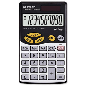 Sharp Calculator Handheld Battery Solar-power 10 Digit 3 Key Memory 69x119x7mm Ref EL480SB