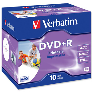 Verbatim DVD+R Recordable Disk Inkjet Printable Write-once Cased 16x 120min 4.7Gb Ref 43508 [Pack 10]