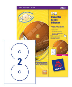 Avery CD/DVD Labels Laser Mono 2 per Sheet Dia.117mm DVD-safe Matt White Ref L7860-20 [40 Labels]