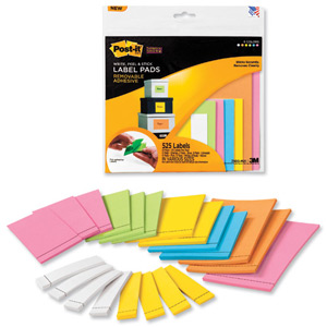 Post-It Super Sticky Label Pads 47.6x73mm 15.8x57.1mm 73x77mm 77x117mm Assorted Ref 2900-M21 [525 Labels]