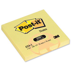 Post-it Recycled Notes Pad of 100 76x76mm Canary Yellow Ref 654-1YE [Pack 12]
