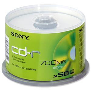 Sony CD-R Recordable Disk Write-once on Spindle 48x Speed 80Min 700Mb Ref 50CDQ80NSPMD [Pack 50]
