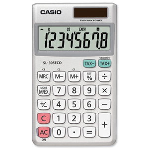 Casio Calculator Handheld Battery Solar-power 8 Digit 3 Key Memory 70x118x7.5mm Ref SL305ECO