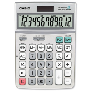 Casio Calculator Desktop Battery Solar Tax Currency 12 Digit 3 Key Memory 122x174.5x35.7mm Ref DF120ECO