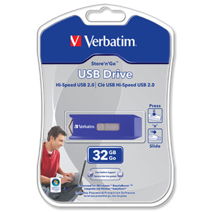 Verbatim Store n Go USB Drive Retractable with Software Read 11MB/s Write 8MB/s 32GB Ref 47343/43993