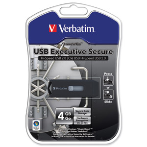 Verbatim Executive Secure USB Drive Hack Resistant Read 11MB/s Write 8MB/s 62x21x10mm 4GB Ref 44069