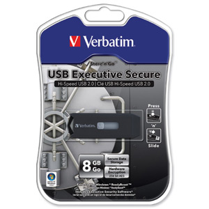 Verbatim Executive Secure USB Drive Hack Resistant Read 11MB/s Write 8MB/s 62x21x10mm 8GB Ref 44070