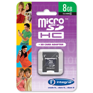 Integral Micro SDHC Media Memory Card with SD Adaptor Capacity 8GB Ref INMSDH8G4V2