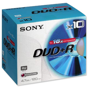 Sony DVD+R Recordable Disk Write-once Slim Cased 16x Speed 6Hrs 4.7Gb Ref 10DPR120BSL [Pack 10]