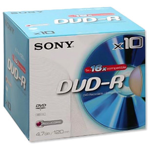 Sony DVD-R Recordable Disk Write-once Slim Cased 16x Speed 6Hrs 4.7Gb Ref 10MR47BSL [Pack 10]
