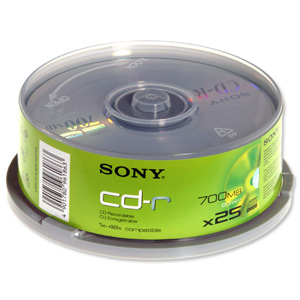 Sony CD-R Recordable Disk Write-once on Spindle 48x Speed 80Min 700Mb Ref 25CDQ80NSPD [Pack 25]