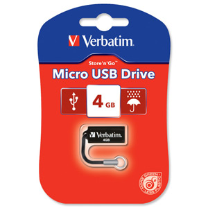 Verbatim Store n Go Micro USB Drive Lightweight Compact Read 10MB/s Write 4MB/s 4GB Ref 44048