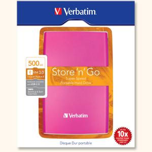 Verbatim Store n Go Portable Hard Drive 2.5inch USB 3.0 Backup Software 480MB/s 500GB Pink Ref 53025