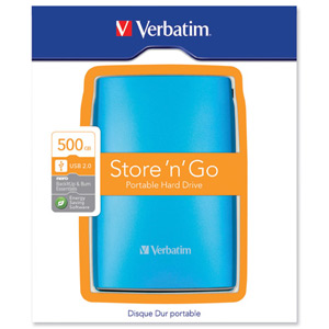 Verbatim Store n Go Portable Hard Drive 2.5inch USB 2.0 Backup Software 480MB/s 500GB Blue Ref 53011