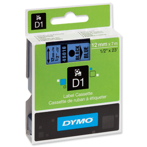 Dymo D1 Tape for Electronic Labelmakers 12mmx7m Black on Blue Ref 45016 S0720560